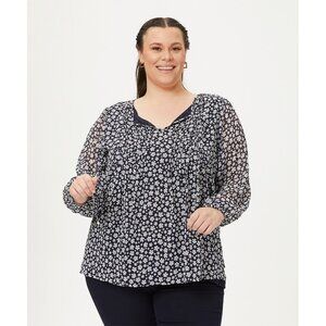 Tommy Hilfiger Plus Size 0X Printed Pintuck Tie-Neck Blouse Navy Blue MSRP $90